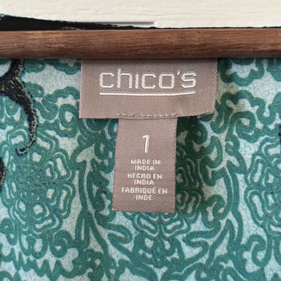 Chicos Open Wrap Top Asian Inspired Art to Wear SZ 1 Boho Blue Colorful Glam 90s - Picture 4 of 13